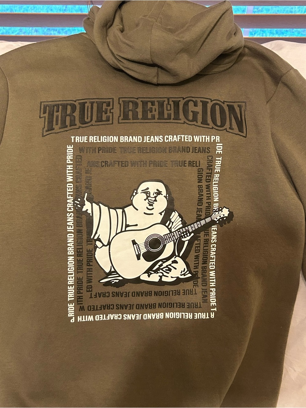 True Religion Men's Olive Zip-Up Hoodie with Subtle Chest Logo